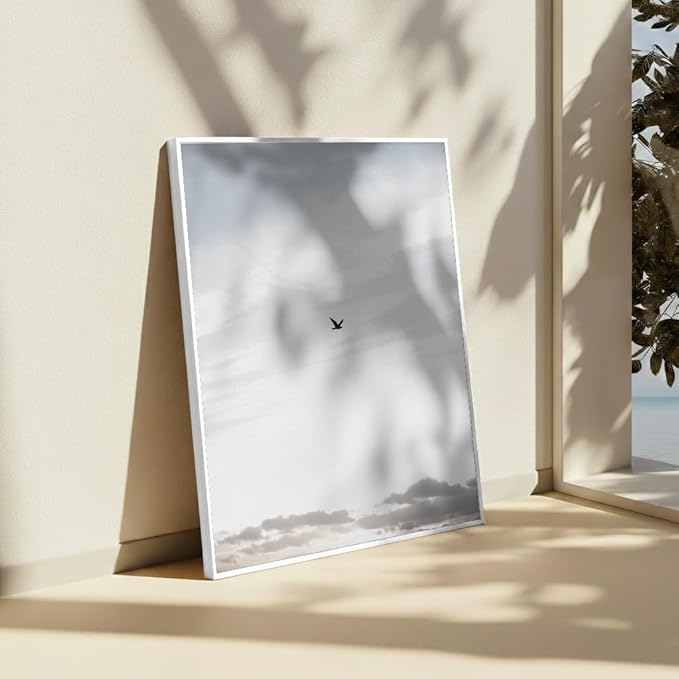 Monem Art Minimalist Bird in Sky Photography Print - Moody Nordic Landscape Art Poster - Wall Decor for Living Room, Bedroom or Office - 16x20 White Framed CANVAS Wall Art by Mareike Bohmer