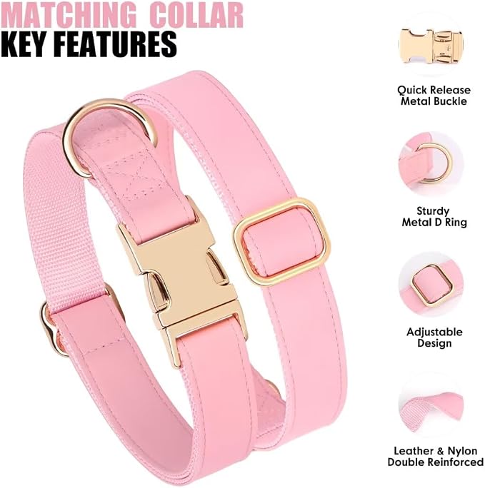 PET ARTIST Soft PU Leather Dog Collar and Leash Set, Bright & Stylish 5FT PU Leather Leash and Collar Set, Durable Pet Collars with Quick Release Metal Buckle for Large Dogs,Pink,L(16-27")