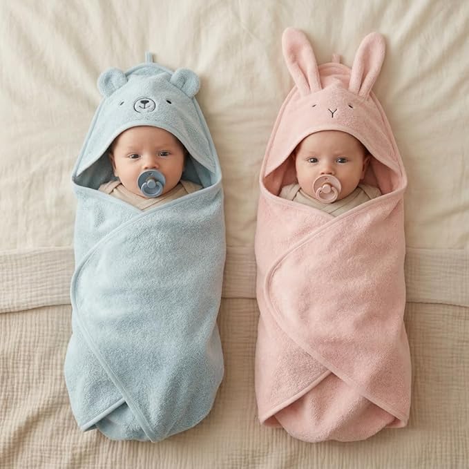 Hooded Baby Towel – 100% Organic Cotton Baby Bath Towels – Baby Boy Newborn Essentials - Super-Soft and Absorbent. (Bear - Baby Blue)
