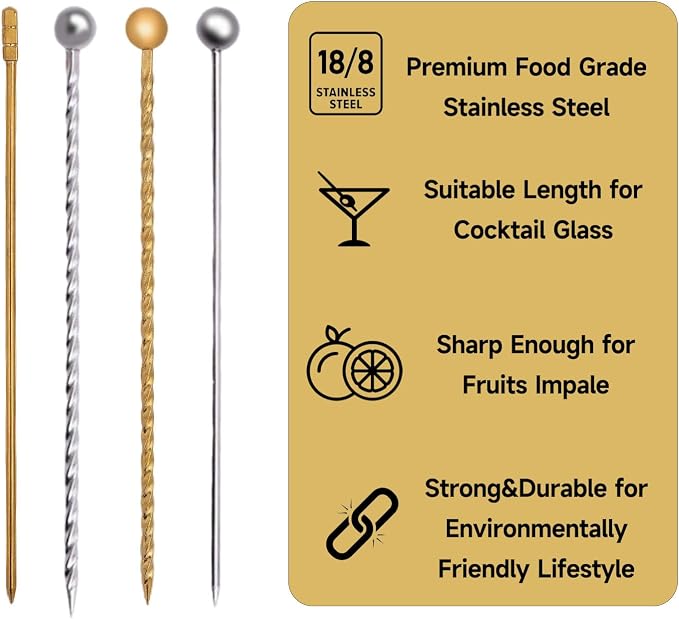 Lexenic 12-Piece Cocktail Picks Set with Holder, Premium 304 Stainless Steel Martini Skewers, Reusable Garnish Sticks for Olives, Appetizers & Fruit (4 Styles Golden)