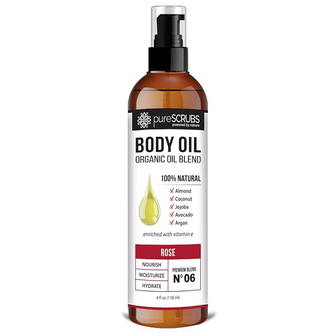 pureSCRUBS Ultra Moisturizing Rose Body Oil for Dry Skin, 4 oz | Luxurious After Shower Body Oil for Soft, Silky, Glowing Skin, Non-Greasy, Fast Absorbing & Hydrating Formula with Vitamin E