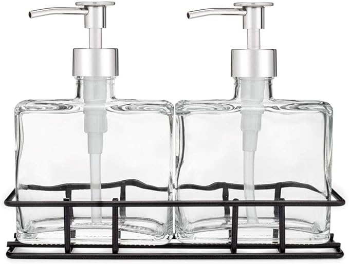 Rail19 Urban Glass Hand and Soap Dispenser Set - Includes Metal Stand Caddy, 8.5oz (Chrome Luxe)
