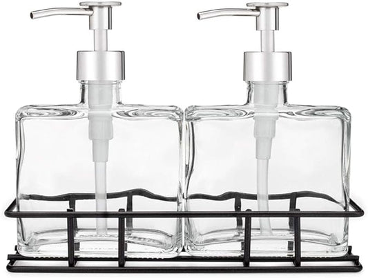 Rail19 Urban Glass Hand and Soap Dispenser Set - Includes Metal Stand Caddy, 8.5oz (Chrome Luxe)