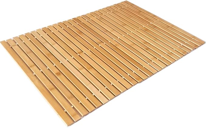 HJJKKH Bath Mat, Wooden Bathroom Mat Rayon Derived from Bamboo 27.6"x19.7", Rollable Non-Slip Floor Mat, Wooden Shower Mat for Bathroom, Bathtub, Spa, Sauna, Hot Tub & Outdoor Use