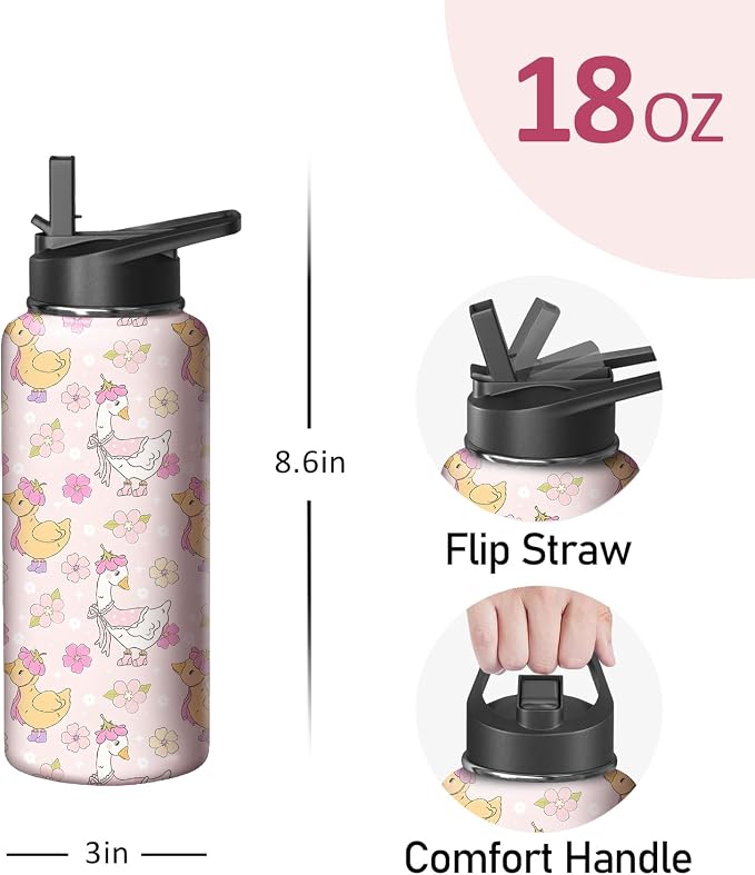 18oz Pink Duck Water Bottle with Handle and Flip Straw, Animal Sports Stainless Steel Insulated Cup Travel Coffee Mug Tumbler, Birthday Mothers Day Chritmas Gifts for Women
