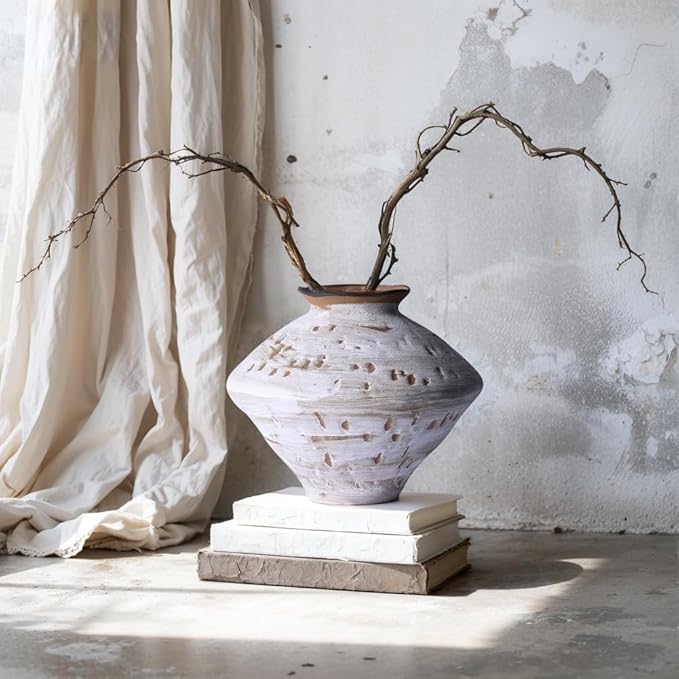 Wabi Sabi Vase 11.5" Rustic White and Brown Distressed Ceramic Vase, Wide Mouth Rustic Vintage Vases for Table Centerpieces, Farmhouse Home Decor for Living Room Entryway Shelf