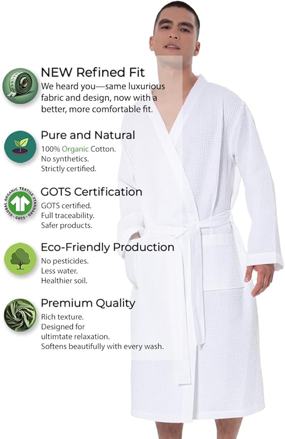 SEYANTE Turkish Cotton Waffle Robe for Men – Organic GOTS Certified Spa Bathrobe, Lightweight Kimono, Soft Cotton Bathrobe