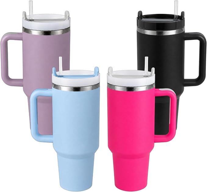 Pandance 4 Pack 40 oz Tumbler with Handle and Straw Bulk, Vibrant Mix | Stainless Steel Vacuum Insulated Travel Mug, Sturdy Screw-on lid, Cup Holder Friendly, Large Capacity Cup For Iced Coffee