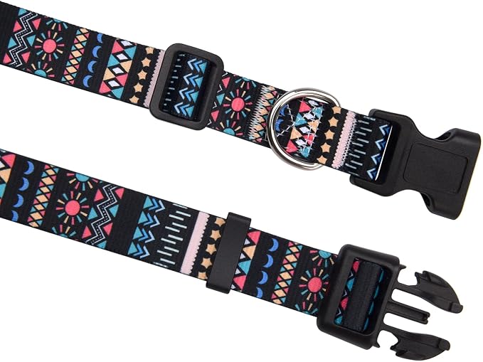 MarukoPet Dog Collar, Adjustable for Small Medium Large Dogs Puppy, Cute Design with Bohemia Floral Tribal Geometric Patterns Boys Girls Dog Collar(Black Bohemia-L)