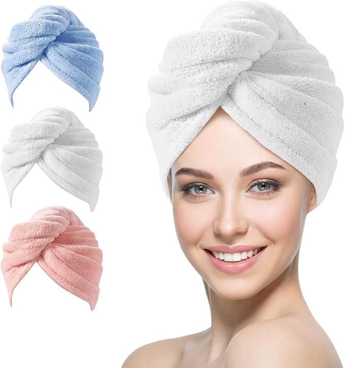 YFONG 3 Pack Microfiber Hair Towel Wrap for Women Girls, Super Absorbent Turban Towels for Drying Wet Hair, Anti Frizz Head Towels for Curly All Hair Style, Turbie Twist (Blue, Pink, White)