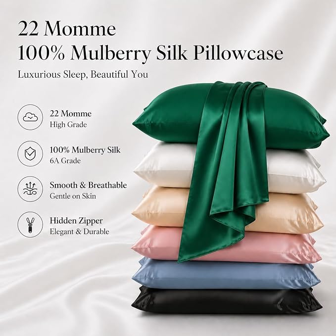 Green Silk Pillow Cases Made in USA, Oeko-TEX Certified 22 Momme Mulberry Silk Pillowcase for Hair and Skin Standard Size with Zipper, Anti Wrinkle,1 Pcs 20"x26" (Standard, Emerald)