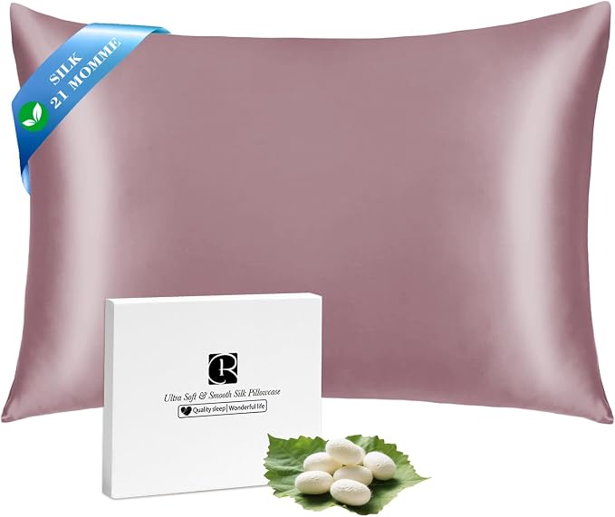 Silk Pillowcase for Hair and Skin with Hidden Zipper, Ravmix Both Sides 21Momme Mulberry Silk Cooling Pillow Case Standard Size 20×26inches, 1PCS, Dark Pink