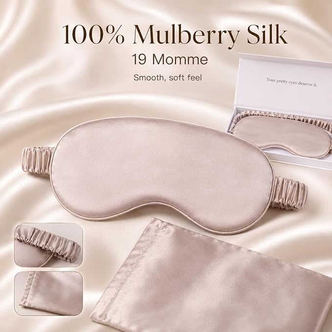 Silk Sleep Mask Light Blocking Luxury 100% Mulberry 19mm Silk Eye Mask Eye Cover Blindfold Ultra Soft Light & Comfy Anti Aging Skin Care with Travel Bag Gift Package