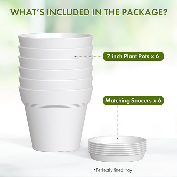 WSMKSZ 7 Inch Thick Plastic Plant Pots with Drainage Holes and Trays – 6 Pack Nursery Pots for Indoor & Outdoor House Plants, Seedling Starter Planters for Garden Flowers, White