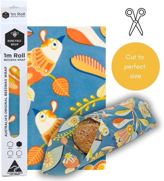Honeybee Beeswax Bread Bag Sheets - Bird Pattern - Reusable Beeswax Wraps for Food - Certified Organic Cotton Beeswax Roll - Plastic Wrap & Sandwich Bags Alternative - Made in Australia - 40’’ x 13’’