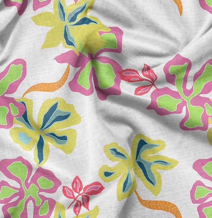 Soimoi Silky Satin Fabric Material, 1 Yard - 42" Inch Width, White - Floral Print - Soft Shiny Fabric for Dress, Pillowcases, Pajamas, Evening Dress, DIY