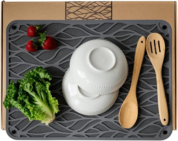 Stone Drying Mat for Kitchen Counter - 21.6"x15.7" Eco-Friendly Diatomaceous Earth Stone Dish Drying Mat with Trendy Silicone Topper & Legs for Airflow - Large Kitchen Stone Mat