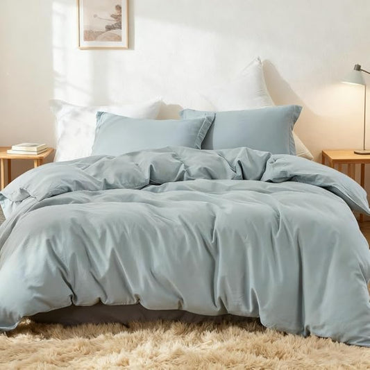 Simple&Opulence French Linen Duvet Cover Set 88" x 92"- 3 Pieces (1 Comforter Cover,2 Pillowcases)- Natural Flax Cotton Blend-Solid Color Breathable Farmhouse Bedding-Dusty Blue, Queen