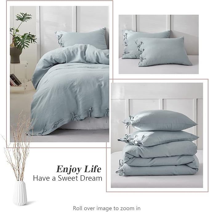 Simple&Opulence 100% Linen Duvet Cover Set 3pcs with Bowknot Ties Closure Natural French Washed Flax Solid Color Soft Breathable Farmhouse Bedding - Dusty Blue, Queen Size