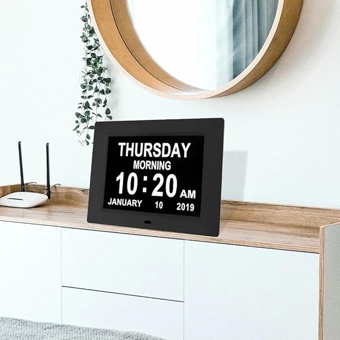 Digital Calendar Date Multi Alarm Clock 8 inch Large Display Auto-Dimming Electic Desk Table Wall Mount Office, Home, Kitchen, Room, School, Bedroom, Living Room (Black)