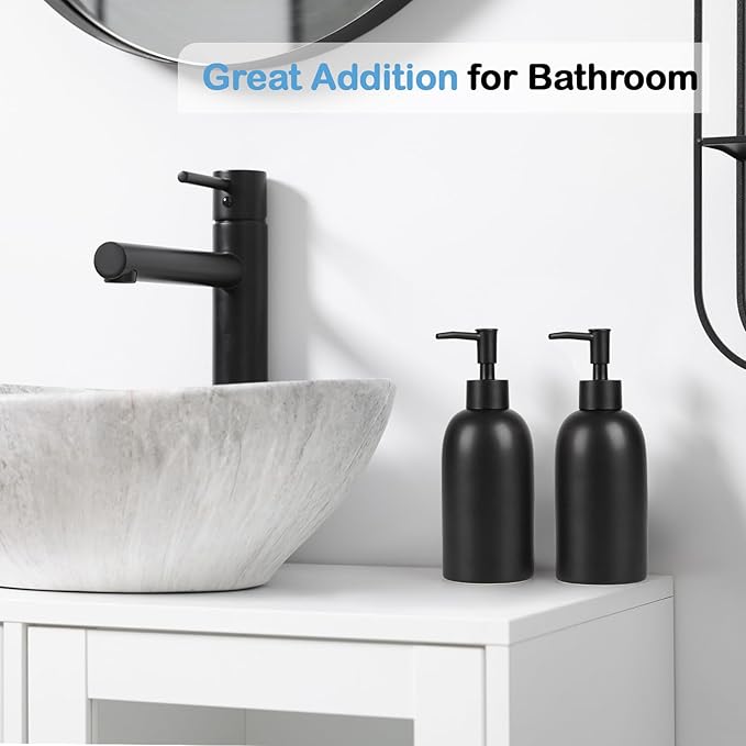 Natheeph 14OZ Ceramic Soap Dispenser Ceramic Soap Pump Dispenser Can Fill Liquid for Bathroom/Kitchen (2PC Black)