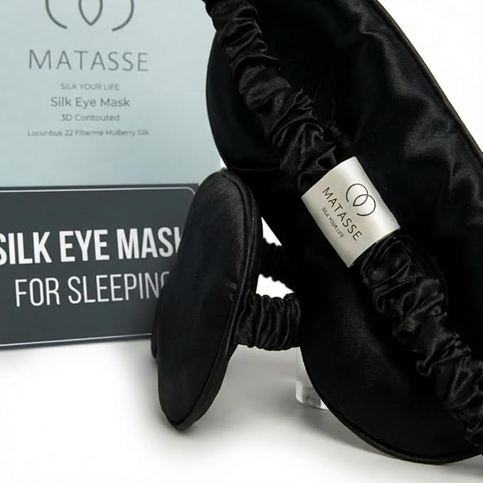 MATASSE 100% Mulberry Silk Sleep Mask 22 Momme Grade 6A - 3D Contoured Eye Mask for Sleeping, 14mm Deep Eye Cups, Total Blackout Blindfold for Women Men, Adjustable Strap, Side Sleeper (Black)