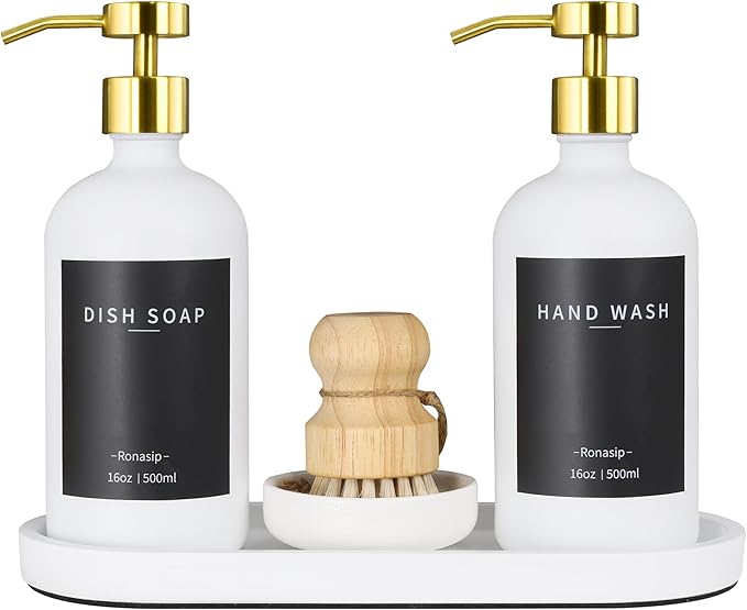 Ronasip Set of 5 Kitchen Soap Dispenser Set 16 Oz Glass Hand Dish Soap Dispenser with Stainless Steel Pump, Cement Tray, Dish Scrub Brush for Farmhouse Rustic Home Bathroom Decor (White)