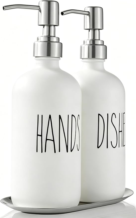 White Soap Dispenser Set, Glass Soap Dispenser with Stainless Steel Pump & Tray, Farmhouse Hand Soap Dispenser & Dish Soap Dispenser for Bathroom Kitchen Sink(2 White)
