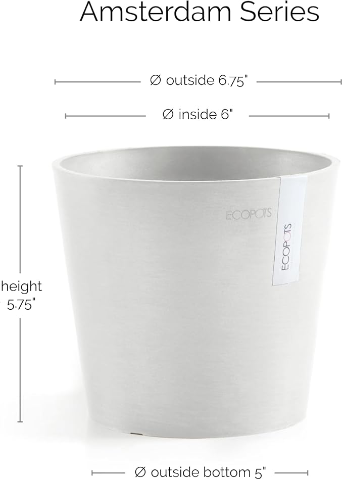 Ecopots Amsterdam Mini Durable Modern Round Recycled-Based Composite Flower Pot Planter, Pure White, 7"