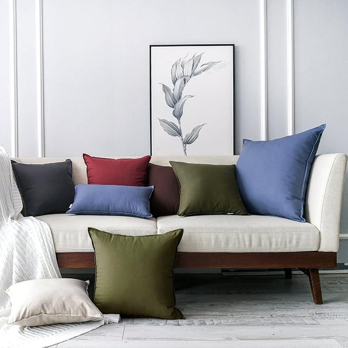 Jeanerlor Cotton Linen Square Decorative Throw Pillow Case Cushion Cover with Twin Needles Stitch on Edge, 12"x20"(30 x 50cm), 2 Pcs, Olive Green