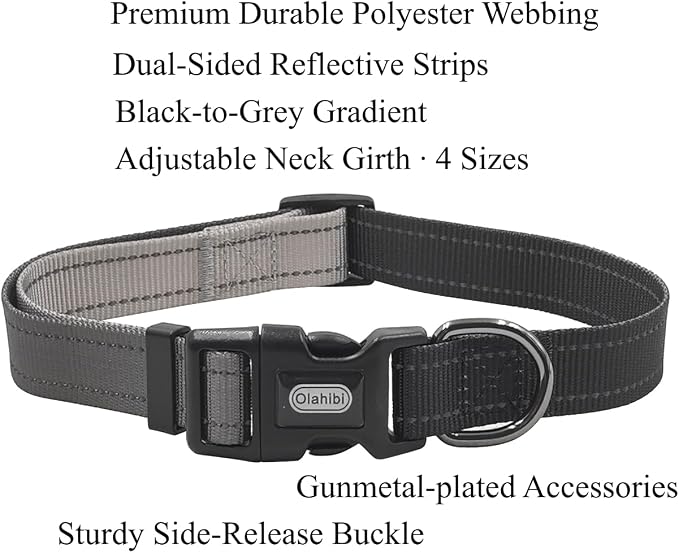Dog Collar Leash Set, Gradient Color, with Safety Reflective Strips, 5 ft Matching Leash, Neoprene Padded Handle, Adjustable 4 Sizes for Small Medium Large Dogs.(S, Black Grey)