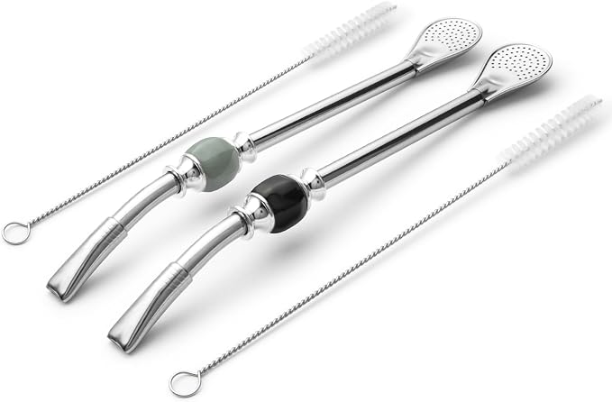 CUOPRU Yerba Mate Bombillas Set - Included Mate Gourd Stainless Steel Straws with Straw Case, Removable Head Filter, Colorful Bead, Cleaning Brush (Black and Gray)