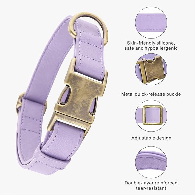 Silicone Dog Collar and Leash Set, Waterproof & Odor-Proof Puppy Collar for Small Dogs, Soft Flexible Leather-Look Dog Collars, Durable Thick Adjustable Pet Collar (Purple, Small (11-15.5" Neck))