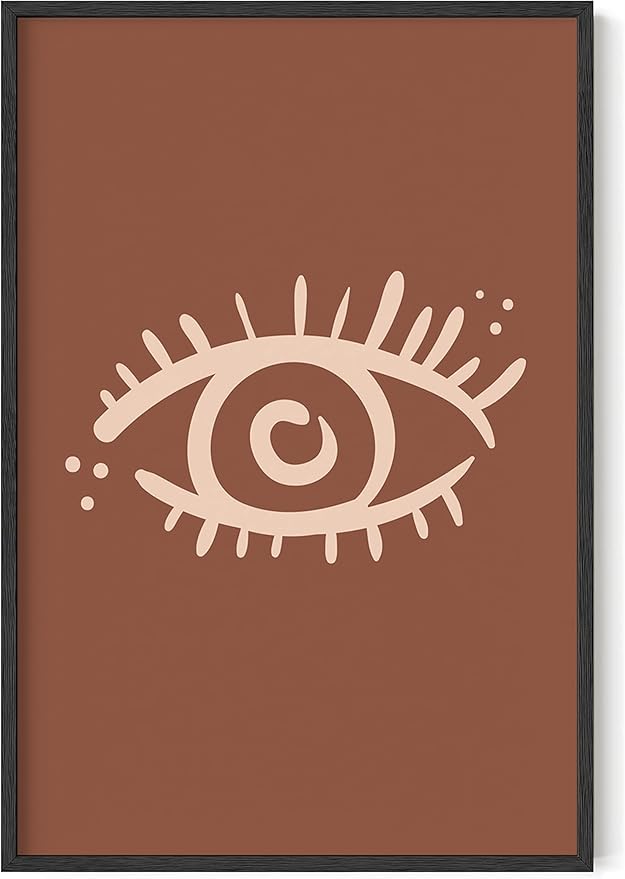 Mystical Evil Eye Wall Art Nazar Protection Symbol Earth Tones Terracotta Mid Century Modern 24x36 Inch Oak Wood Black Framed Boho Spiritual Decor Print for Home