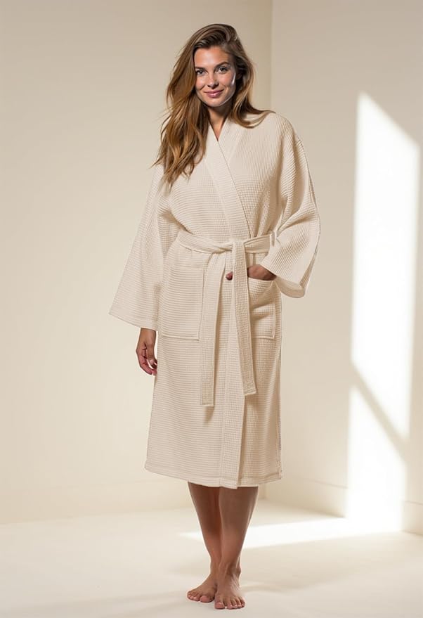 Turquaz Lightweight Waffle Knit Kimono Bathrobe - Soft Cotton Blend Spa Robe, Fast-Drying Full-Length Unisex Robes for Women