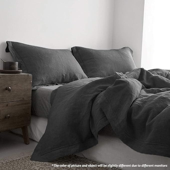 Simple&Opulence 100% Linen Duvet Cover Set with Embroidery Border Washed - 3 Pieces (1 Duvet Cover with 2 Pillow Shams) with Button Closure Soft Breathable Farmhouse - Dark Grey, Full Size