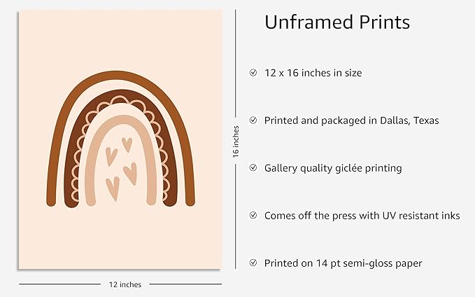 Y2K BOO Boho Nursery Rainbow UNFRAMED Wall Art with Hearts Earth Tones Terracotta Brown Scandi Minimalist Style 12x16 Inch Heavyweight Paper Kids Decor