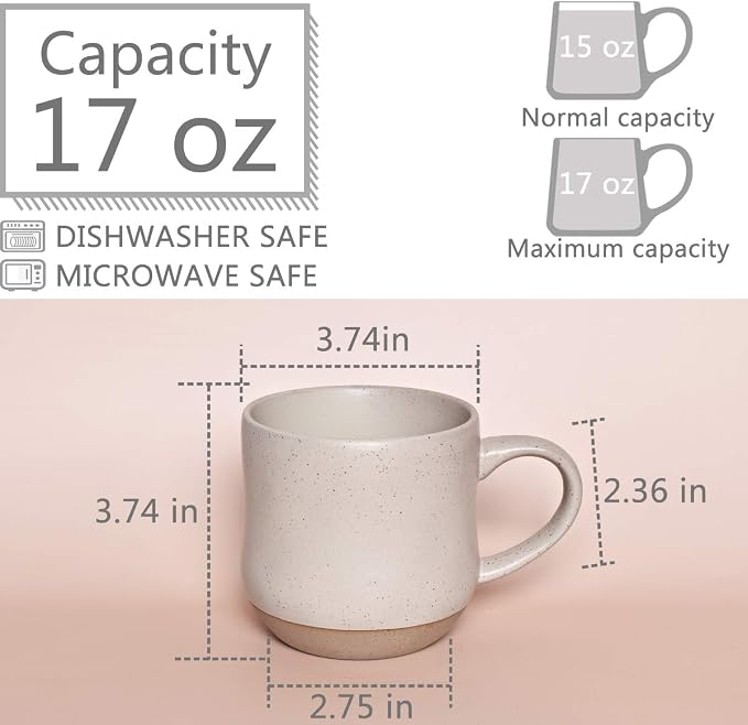 Bosmarlin Large Stoneware Speckled Coffee Mug, Big Ceramic Tea Cup, 17 Oz, Dishwasher and Microwave Safe (White, 1)