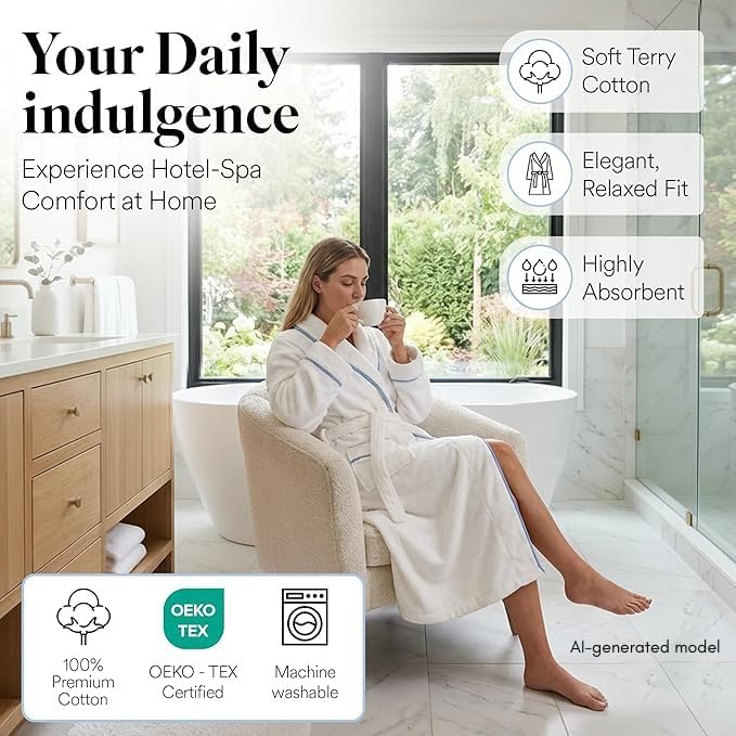 Jillien Harbor Womens Cotton Bathrobe – Towel Robe for Women in Soft Terry Cloth, Highly Absorbent Cotton Robes for Women with Refined Blue Piping, Cuffed Sleeves Medium to Large Fit — One Size, White