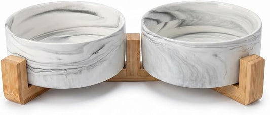 Ceramic Dog Bowls with Non-Slip Bamboo Stand - Dog Food and Water Bowl Set Ideal for Cats and Small Dogs - Double 5.1" Pet Dishes, Each Feeder Holds 1.4 Cups / 10.8 fl oz - Black Marble