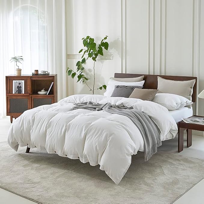 EVERLY 100% Pure Linen Duvet Cover Set California King Size 104X98Inch 3pcs (1 Duvet Cover,2 Pillowcases) Soft and Breathable for All Season with Coconut Button Closure,Suitable for Hot Sleepers-White