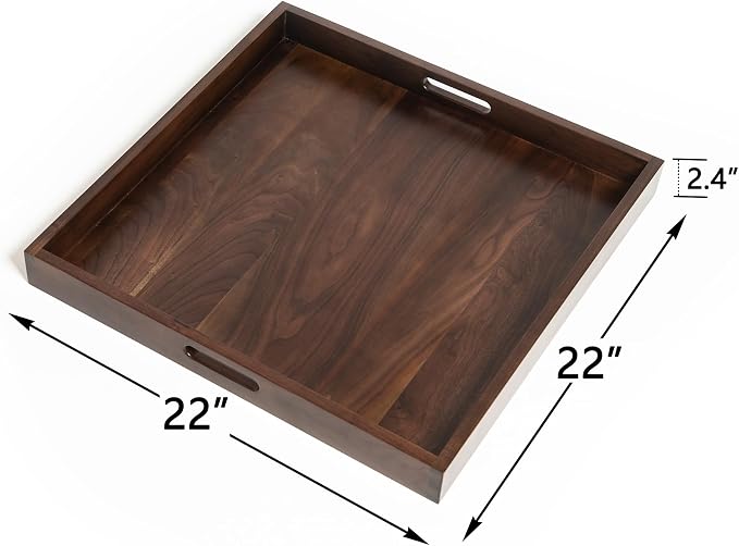 22 x 22 inches Large Square Solid Black Walnut Wooden Ottoman Tray Table Platter Decorative Serving Tray with Handle for Oversized Ottoman Home Breakfast in Bed Tea Coffee