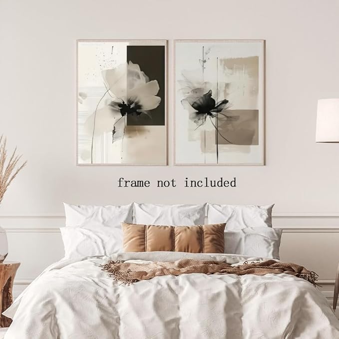 HUYKON Minimalist Abstract Floral Wall Art Prints Set of 2 Neutral Beige Black Flower Canvas Painting Poster Trendy Botanical Picture for Gallery Modern Japandi Boho Home Decor 12x18inch Unframed