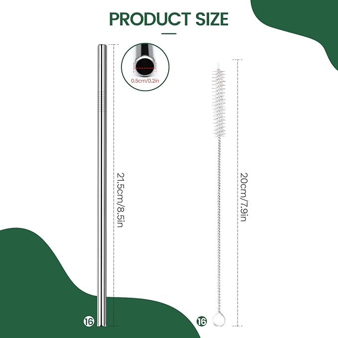 16 Pack 8.5 Inch Reusable Stainless Steel Straws Individually Wrapped,16 Straight Metal Straws with 16 Cleaning Brushes,Reusable Metal Straw for 20 oz Tumblers,Cold Drinking Stainless Steel Straw