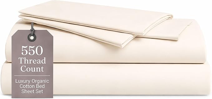 ORGANIC TEXTILES Premium Quality Bed Sheets - Organic Cotton 550 Thread Count - GOTS Certified - Twin XL, (3 Pc. Set) - Ivory