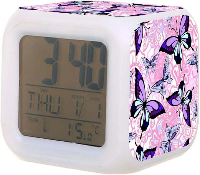 Digital Alarm Clock,Purple Butterflies with Pink Florals 7 Color Change LED Digital Alarm Clock with Date Thermometer for Toddlers,Girls and Boys