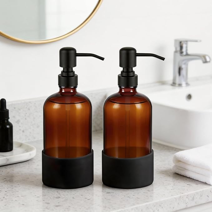 16 oz Hand and Dish Soap Dispenser Set for Kitchen and Bathroom, 500ml Amber Glass Soap Dispenser with Stainless Steel Pump, Non-Slip Silicone Sleeves, Labels - 2 Pack