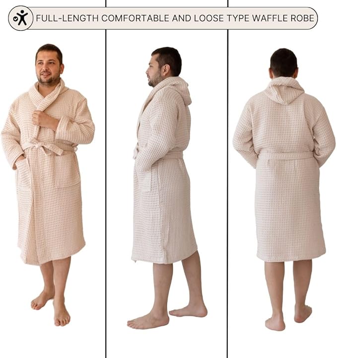 Unisex Hooded Waffle Robe for Women & Men 100% Turkish Cotton | Quick-Dry Bathrobe | Cozy Housecoat for Lounging