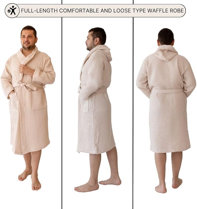 Unisex Hooded Waffle Robe for Women & Men 100% Turkish Cotton | Quick-Dry Bathrobe | Cozy Housecoat for Lounging