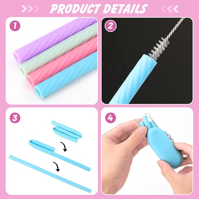 Prasacco 4 Sets Silicone Reusable Straws with Case - Foldable, Portable Drinking Straws for Travel and Party